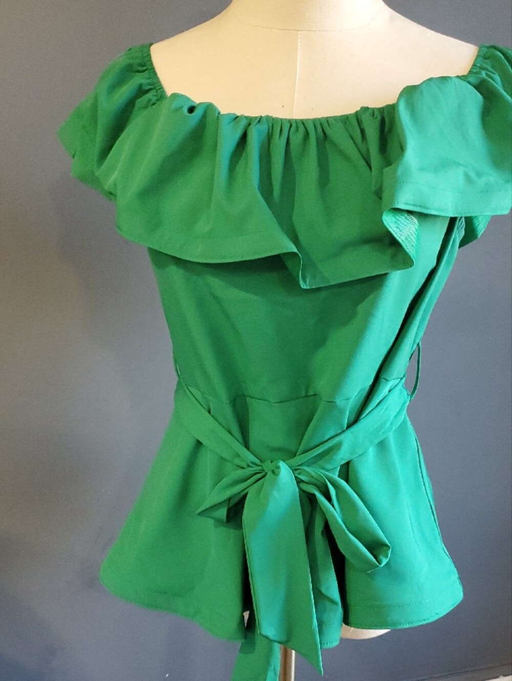 Haute Monde Emerald Green Off-Shoulder Ruffle Tie-Waist Blouse - Picture 8 of 13